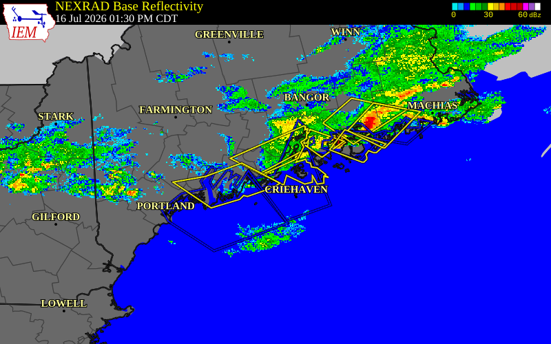 Radar snapshot during the Jul 16, 2026 wind event near Rockland, Knox County, Maine, with NWS warning polygons