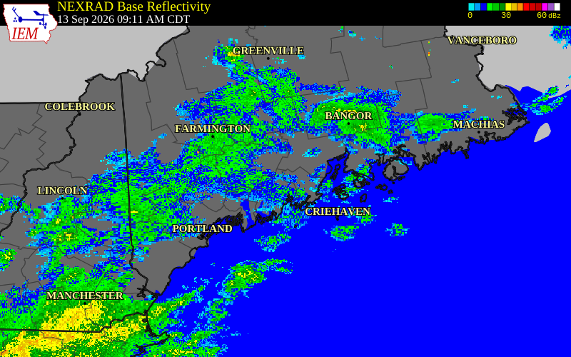 Current NEXRAD radar over Knox County, Maine with recent storm report locations