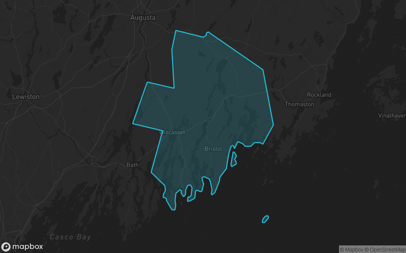 Map of Lincoln County, Maine showing the county boundary and surrounding cities