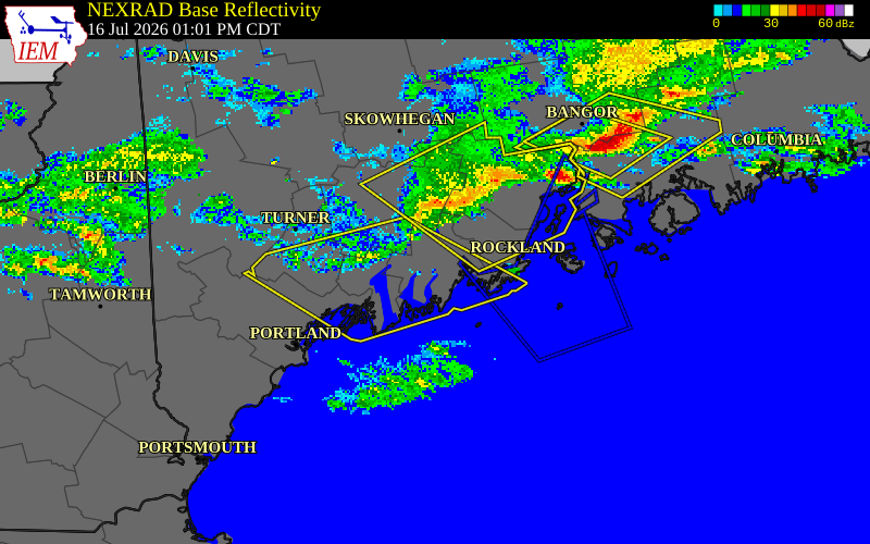 NEXRAD radar during the Thursday, July 16, 2026 storm activity in Lincoln County, Maine