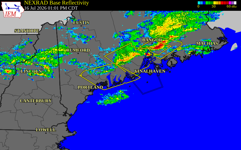 Radar snapshot during the Jul 16, 2026 wind event near Newcastle, Lincoln County, Maine, with NWS warning polygons