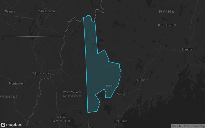 Map of Oxford County, Maine showing the county boundary and surrounding cities