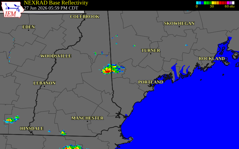 NEXRAD radar during the Saturday, June 27, 2026 storm activity in Oxford County, Maine
