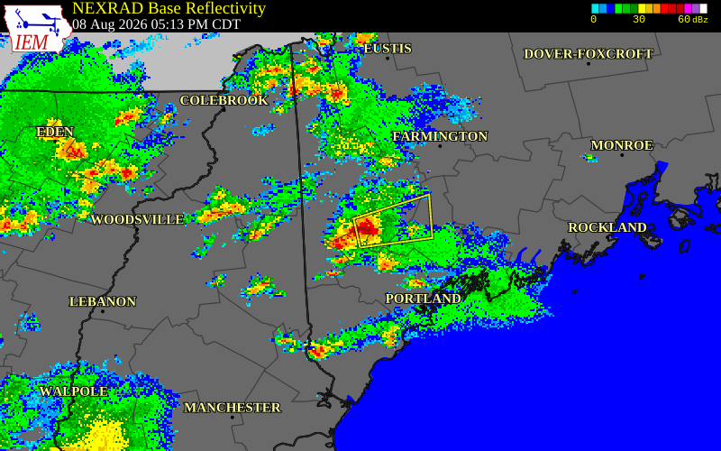 NEXRAD radar during the Saturday, August 8, 2026 storm activity in Oxford County, Maine