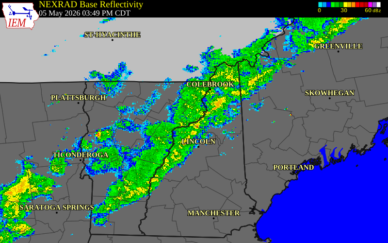 Radar snapshot during the May 5, 2026 wind event near Oxford County, Oxford County, Maine, with NWS warning polygons