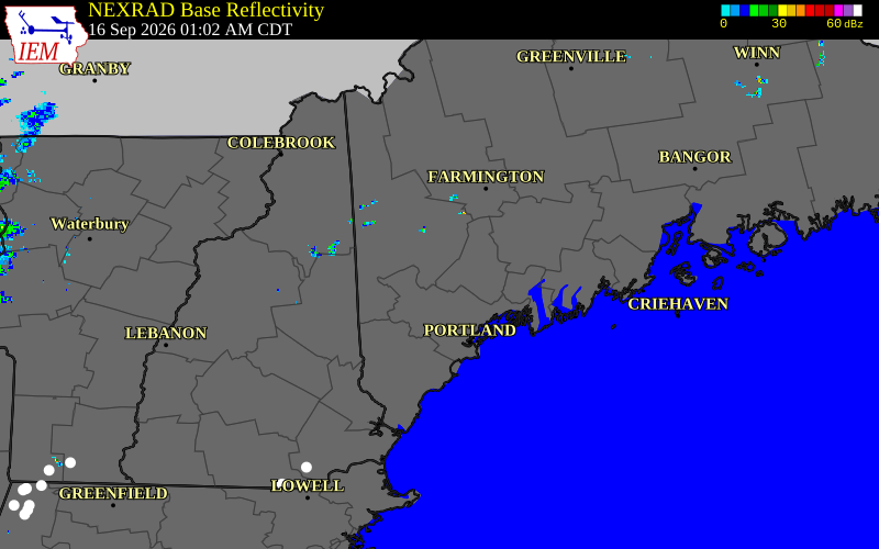 Current NEXRAD radar over Oxford County, Maine with recent storm report locations
