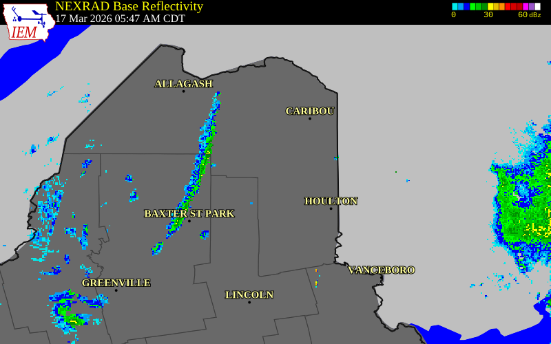 NEXRAD radar during the Tuesday, March 17, 2026 storm activity in Penobscot County, Maine