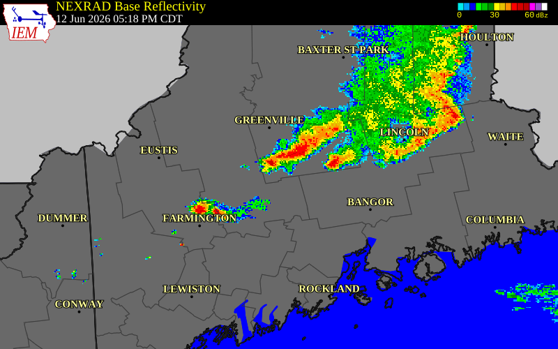 NEXRAD radar during the Friday, June 12, 2026 storm activity in Penobscot County, Maine