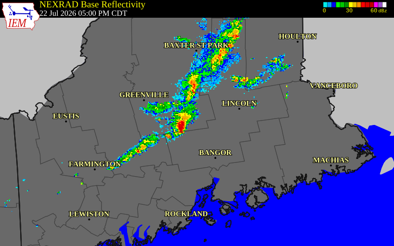 NEXRAD radar during the Wednesday, July 22, 2026 storm activity in Penobscot County, Maine