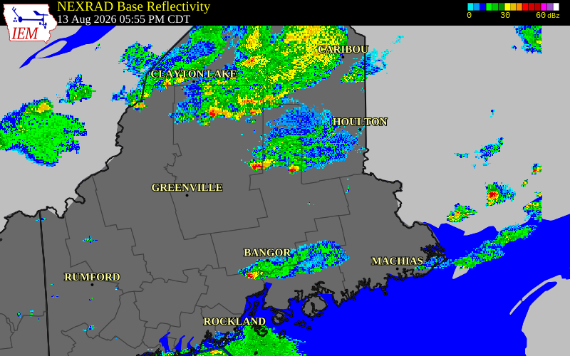 Radar snapshot during the May 5, 2026 wind event near Penobscot County, Penobscot County, Maine, with NWS warning polygons
