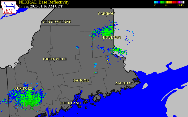 Current NEXRAD radar over Penobscot County, Maine with recent storm report locations