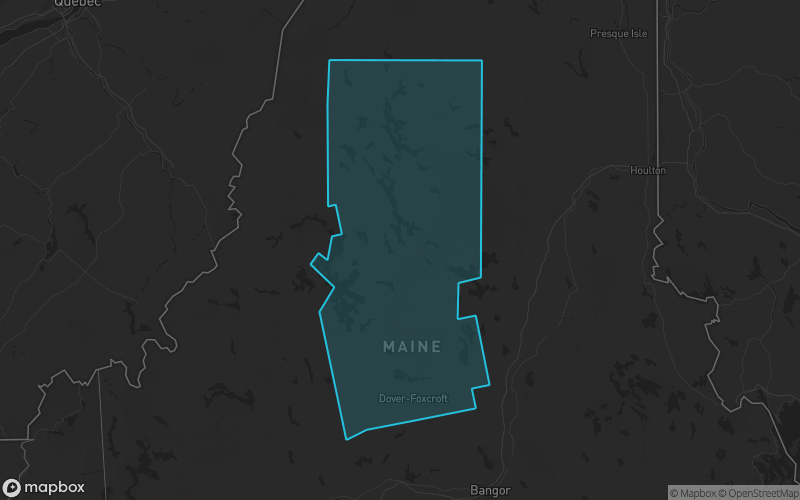 Map of Piscataquis County, Maine showing the county boundary and surrounding cities