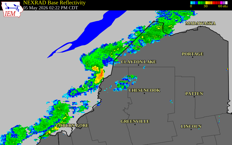 NEXRAD radar during the Tuesday, May 5, 2026 storm activity in Piscataquis County, Maine
