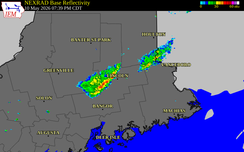 NEXRAD radar during the Sunday, May 10, 2026 storm activity in Piscataquis County, Maine