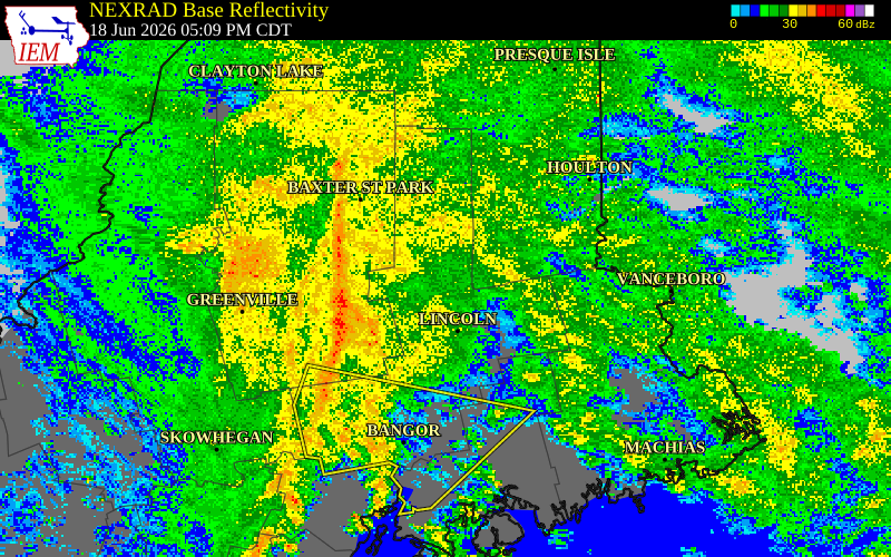 NEXRAD radar during the Thursday, June 18, 2026 storm activity in Piscataquis County, Maine