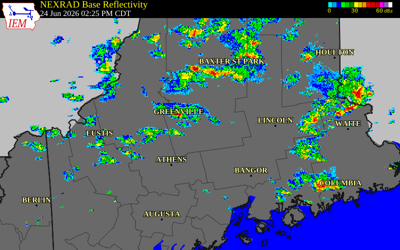 NEXRAD radar during the Wednesday, June 24, 2026 storm activity in Piscataquis County, Maine