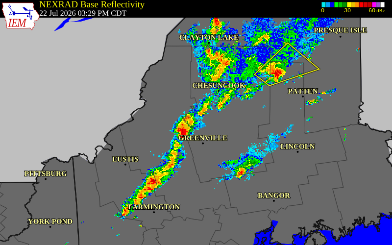 NEXRAD radar during the Wednesday, July 22, 2026 storm activity in Piscataquis County, Maine