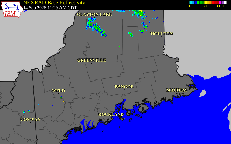Current NEXRAD radar over Piscataquis County, Maine with recent storm report locations