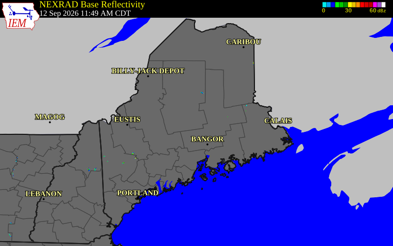 Current NEXRAD radar across Maine with recent storm report locations