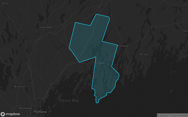 Map of Sagadahoc County, Maine showing the county boundary and surrounding cities