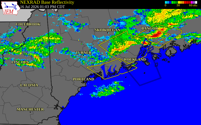 NEXRAD radar during the Thursday, July 16, 2026 storm activity in Sagadahoc County, Maine