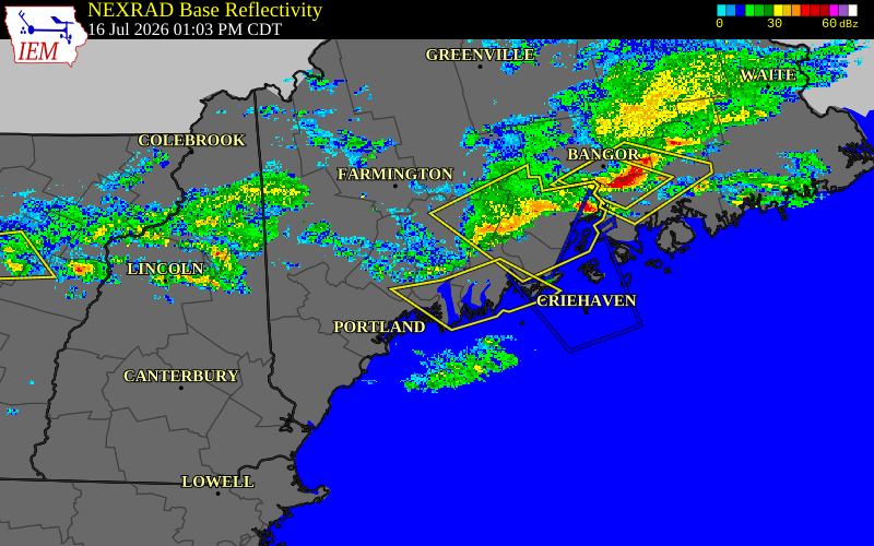 Radar snapshot during the Jul 16, 2026 wind event near 4 WNW Richmond, Sagadahoc County, Maine, with NWS warning polygons