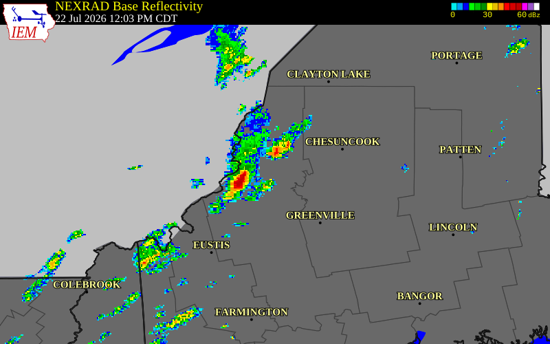 NEXRAD radar during the Wednesday, July 22, 2026 storm activity in Somerset County, Maine