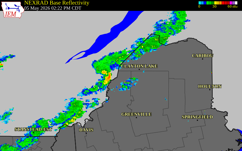Radar snapshot during the May 5, 2026 wind event near Somerset County, Somerset County, Maine, with NWS warning polygons