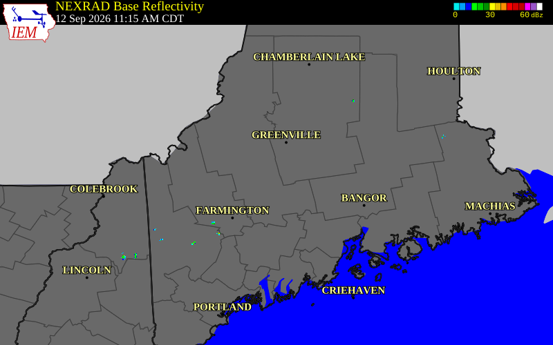Current NEXRAD radar over Somerset County, Maine with recent storm report locations