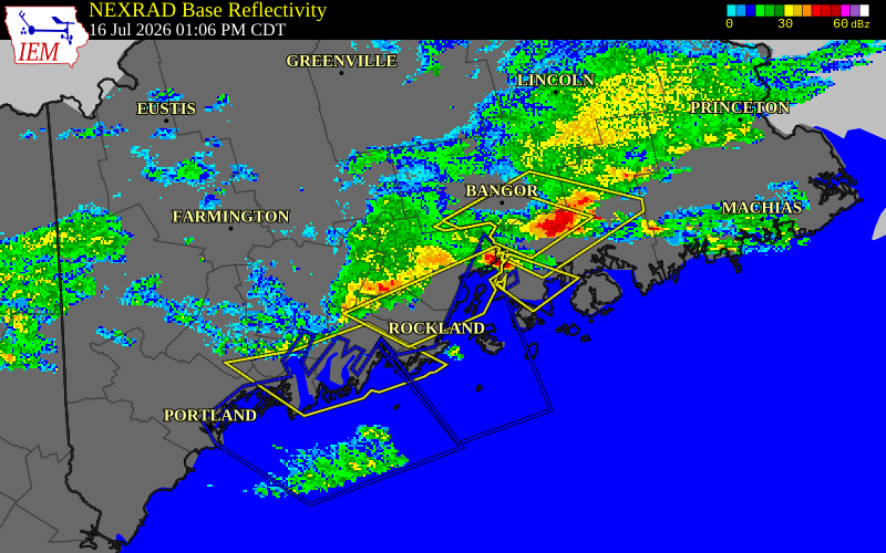 NEXRAD radar during the Thursday, July 16, 2026 storm activity in Waldo County, Maine