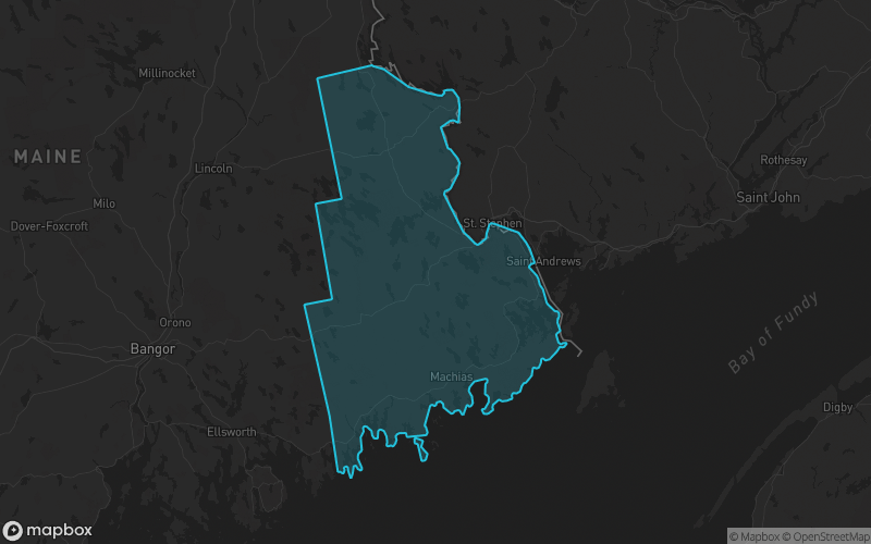 Map of Washington County, Maine showing the county boundary and surrounding cities