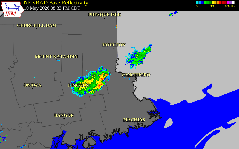 NEXRAD radar during the Sunday, May 10, 2026 storm activity in Washington County, Maine