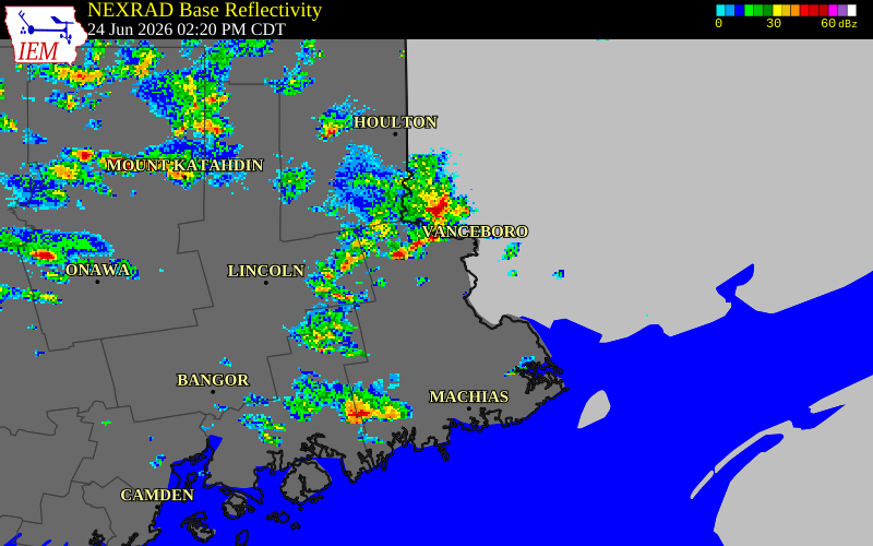 NEXRAD radar during the Wednesday, June 24, 2026 storm activity in Washington County, Maine