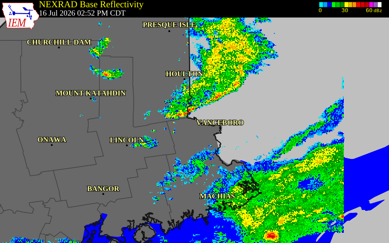 NEXRAD radar during the Thursday, July 16, 2026 storm activity in Washington County, Maine