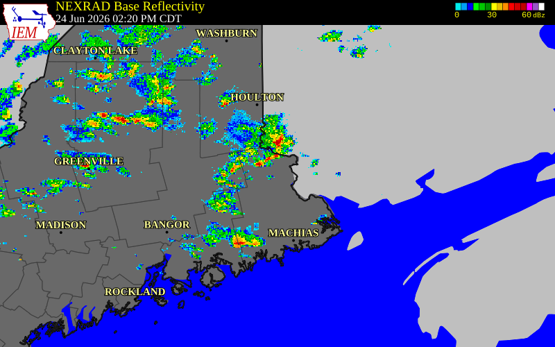 Radar snapshot during the Jun 24, 2026 hail event near Washington County, Washington County, Maine, with NWS warning polygons