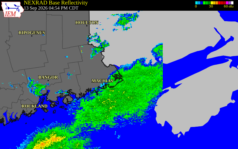 Current NEXRAD radar over Washington County, Maine with recent storm report locations