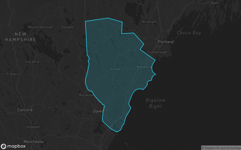 Map of York County, Maine showing the county boundary and surrounding cities