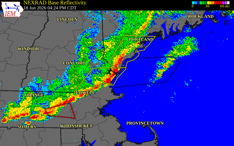 NEXRAD radar during the Thursday, June 18, 2026 storm activity in York County, Maine