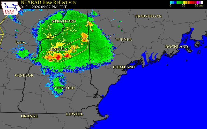 NEXRAD radar during the Wednesday, July 1, 2026 storm activity in York County, Maine