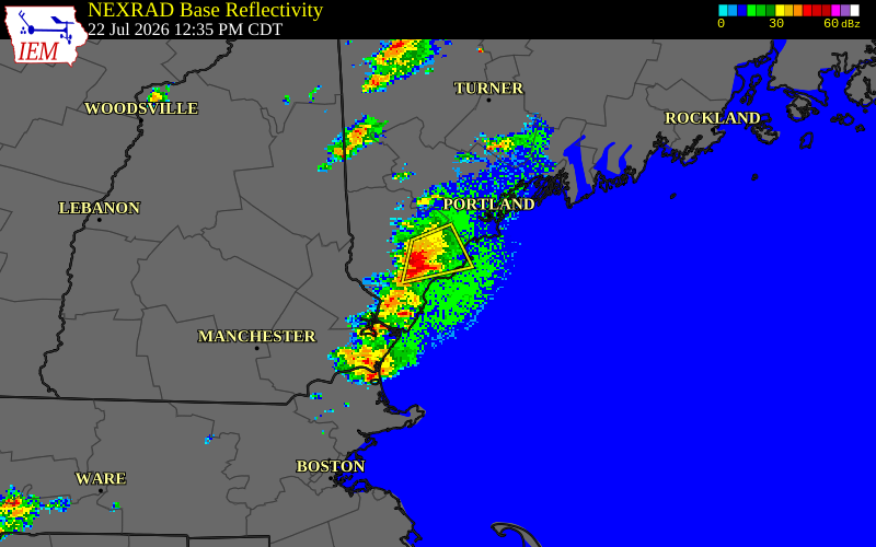 NEXRAD radar during the Wednesday, July 22, 2026 storm activity in York County, Maine