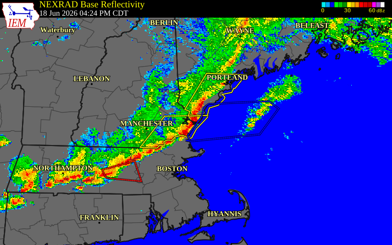 Radar snapshot during the Jun 18, 2026 wind event near 1 ESE Kittery, York County, Maine, with NWS warning polygons