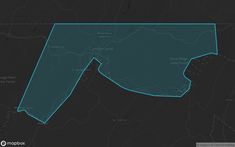 Map of Allegany County, Maryland showing the county boundary and surrounding cities