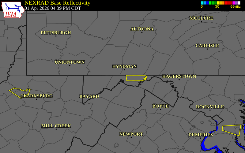 NEXRAD radar during the Wednesday, April 1, 2026 storm activity in Allegany County, Maryland