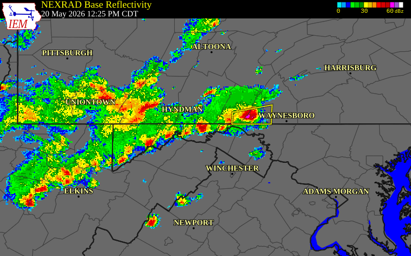 NEXRAD radar during the Wednesday, May 20, 2026 storm activity in Allegany County, Maryland
