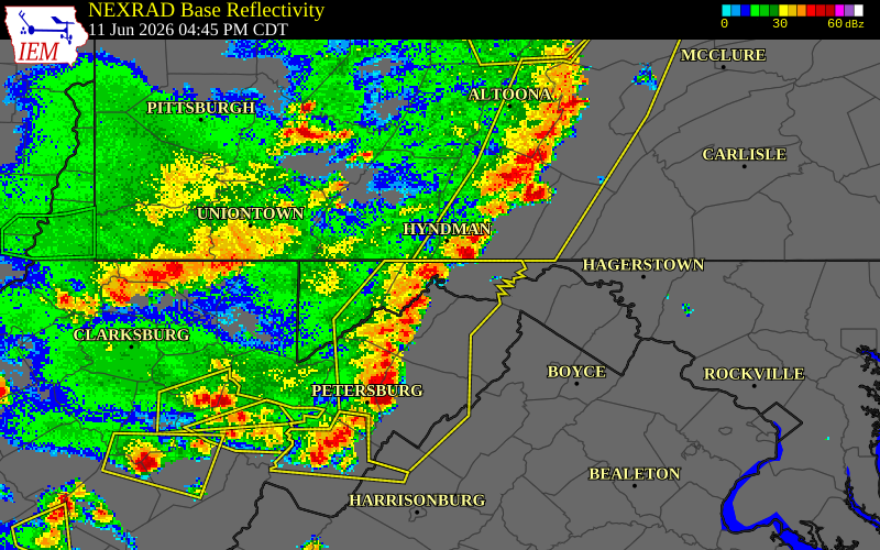 NEXRAD radar during the Thursday, June 11, 2026 storm activity in Allegany County, Maryland