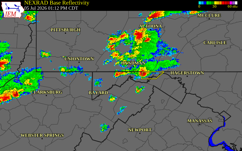 NEXRAD radar during the Sunday, July 5, 2026 storm activity in Allegany County, Maryland