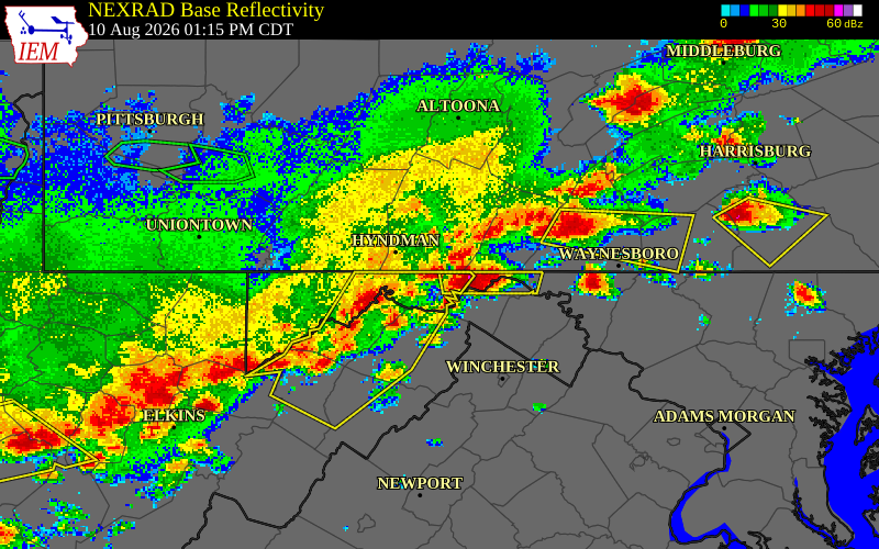 NEXRAD radar during the Monday, August 10, 2026 storm activity in Allegany County, Maryland