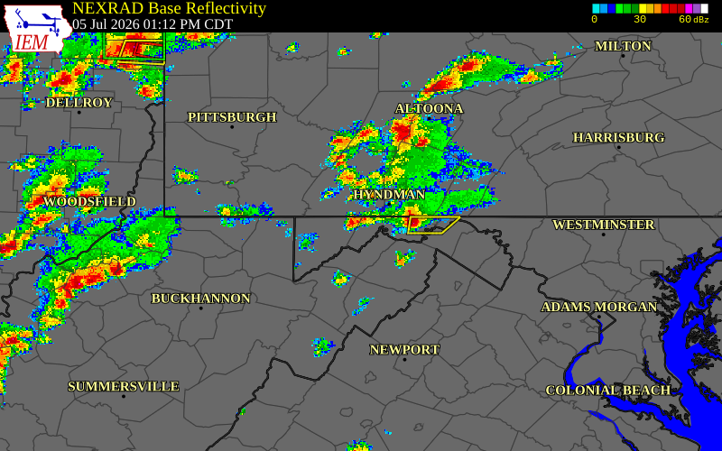 Radar snapshot during the Jul 5, 2026 wind event near Allegany County, Allegany County, Maryland, with NWS warning polygons