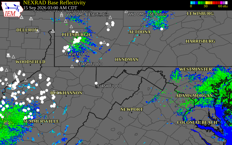 Current NEXRAD radar over Allegany County, Maryland with recent storm report locations