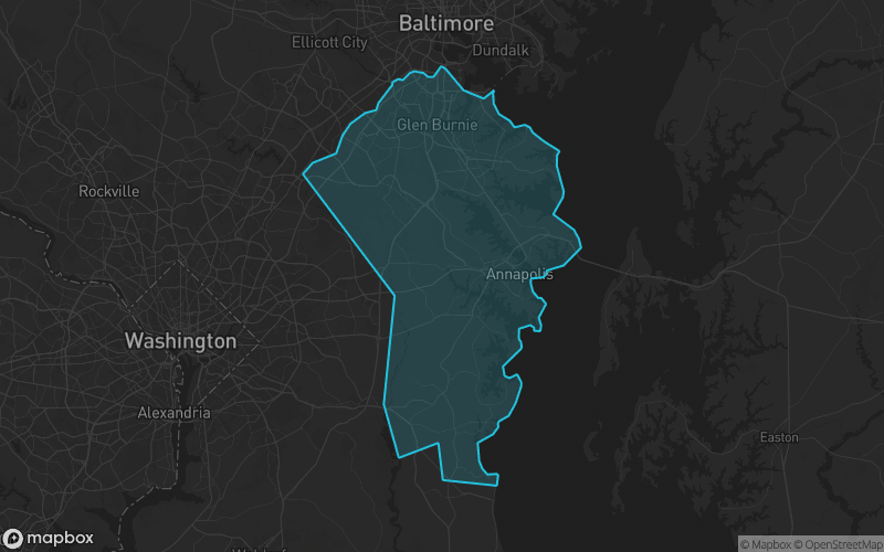 Map of Anne Arundel County, Maryland showing the county boundary and surrounding cities